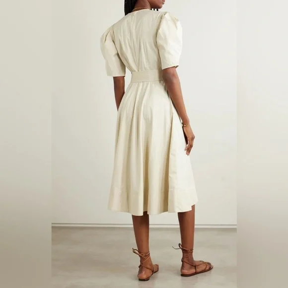 Polo Ralph Lauren Puff Sleeve Belted Midi Dress Fit Flare Cotton Poplin Beige 4 - Picture 3 of 10